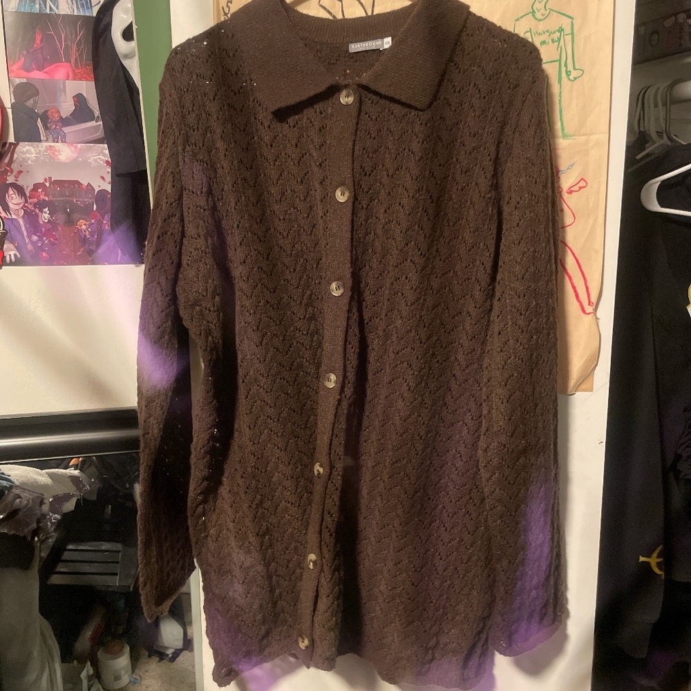 Earthbound Trading Co. brown button-up cardigan with collar